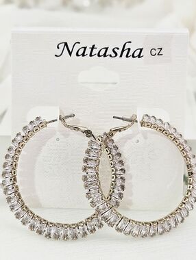 Natasha Couture Gold Tone Crystal Hoop Earrings Baguette Cut Sparkle Formal Gift